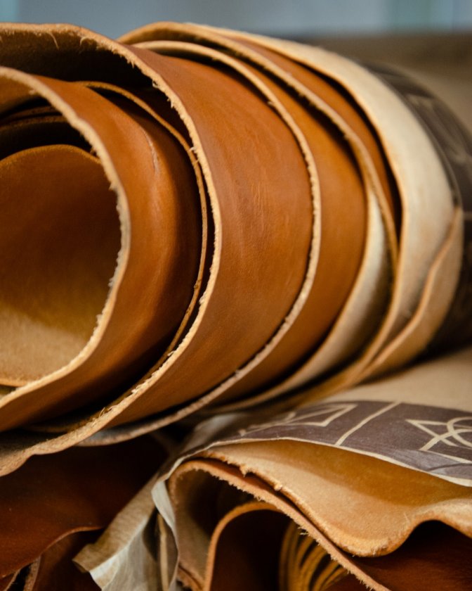 Rolls of vegetable-tanned leather from a tannery in Tuscany