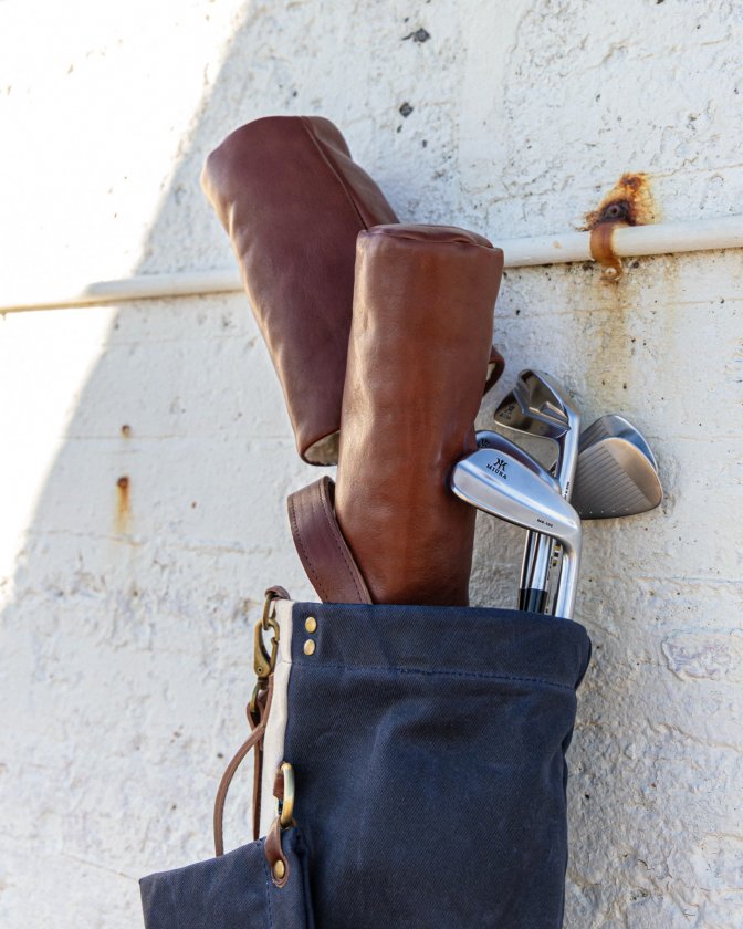 Pine Coast leather headcovers and irons in a waxed canvas carry bag
